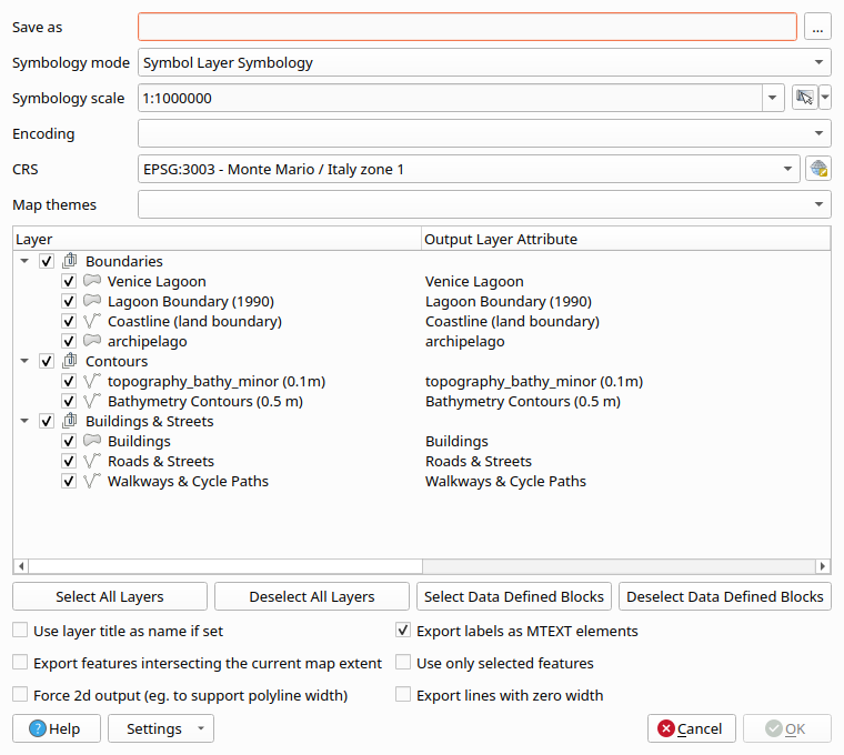The DXF Export dialog with symbology mode and the EPSG:3003 output CRS